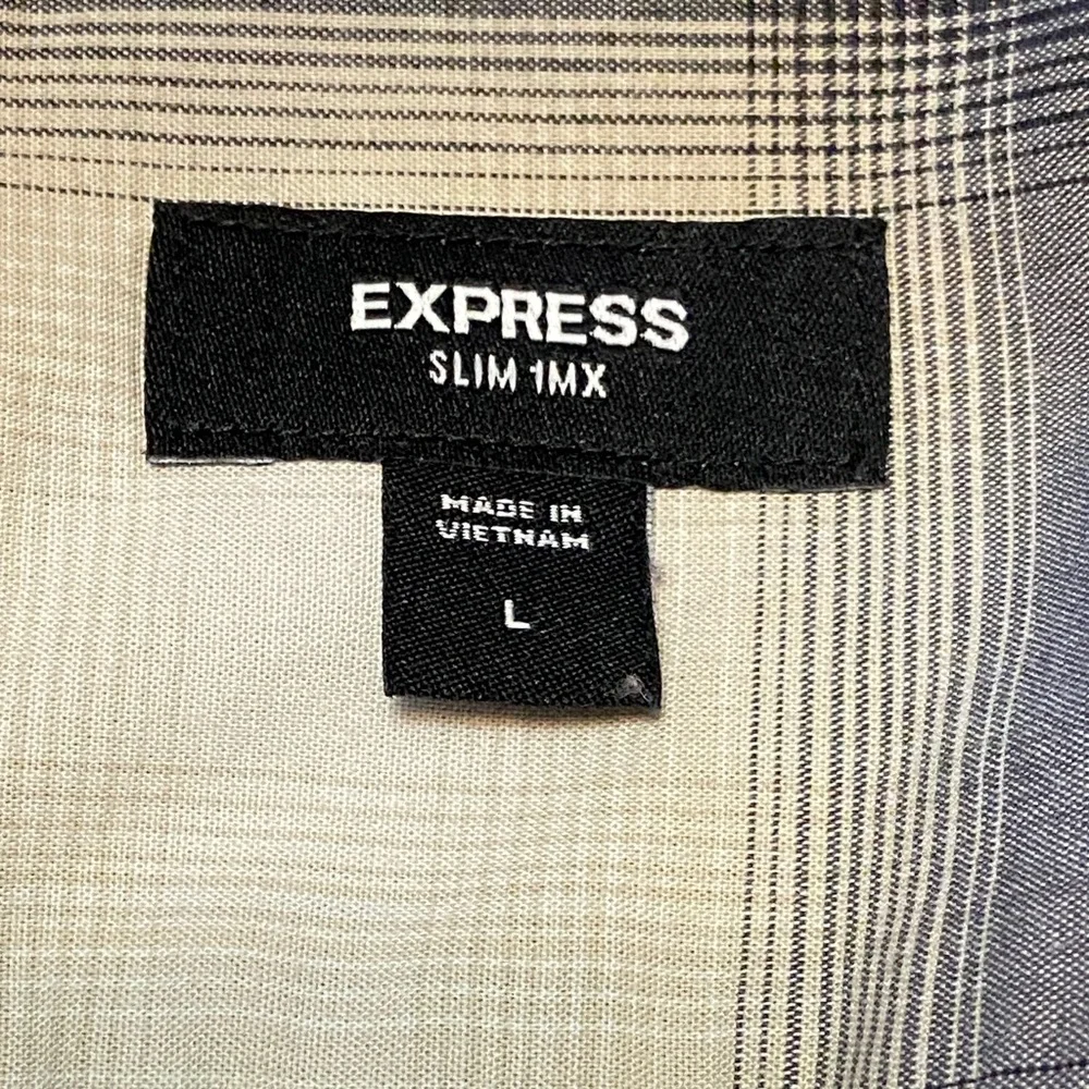 Express Slim 1MX Men’s Plaid Stretch Dress Shirt Lrg Gray Black Button Front